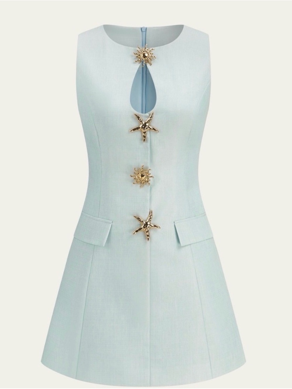 Commense Brand Light Blue A-Line Dress with Decorative Gold Buttons